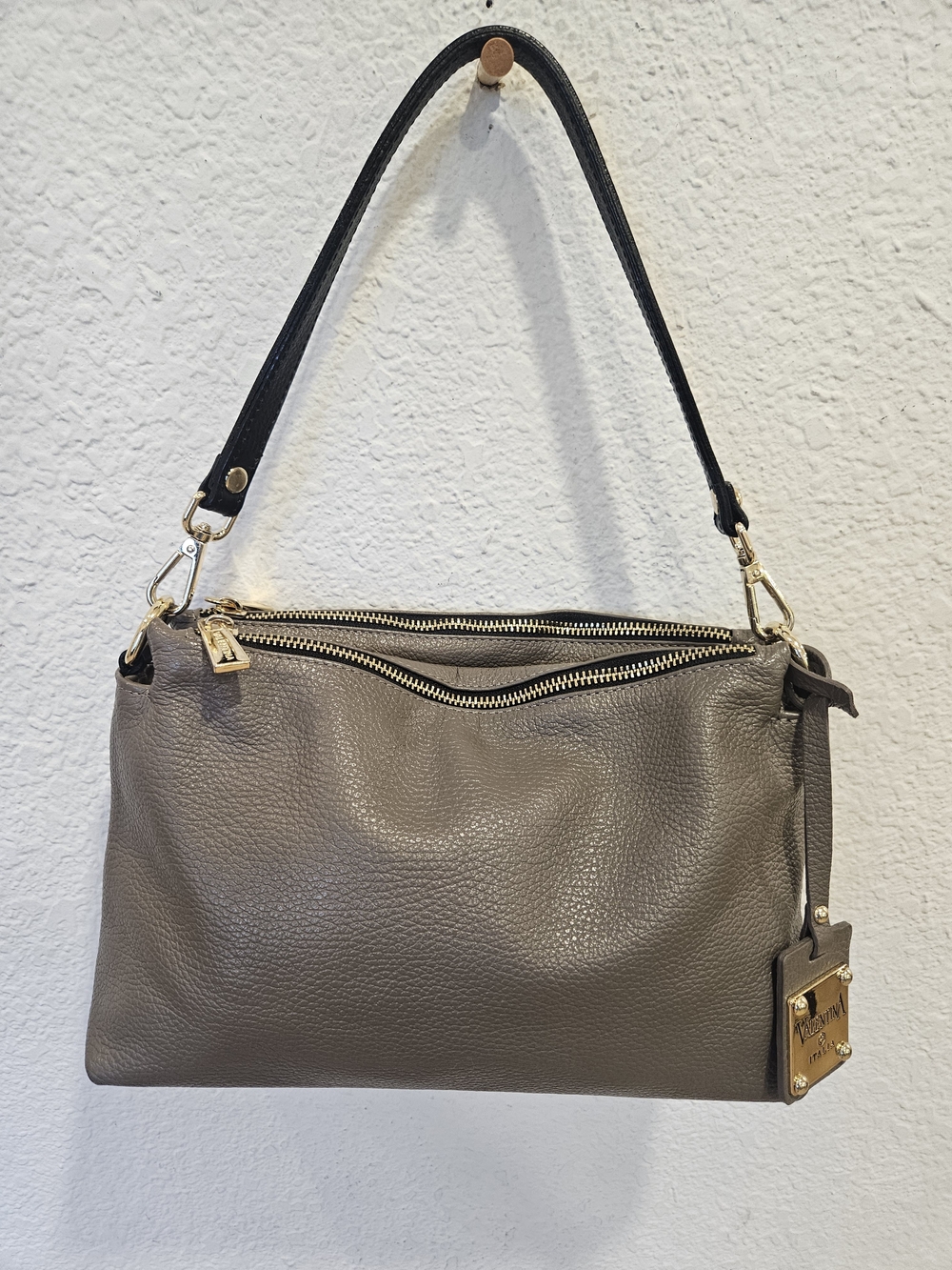 Valentina Italia Double Zip Leather Crossbody Bag - Taupe Gray